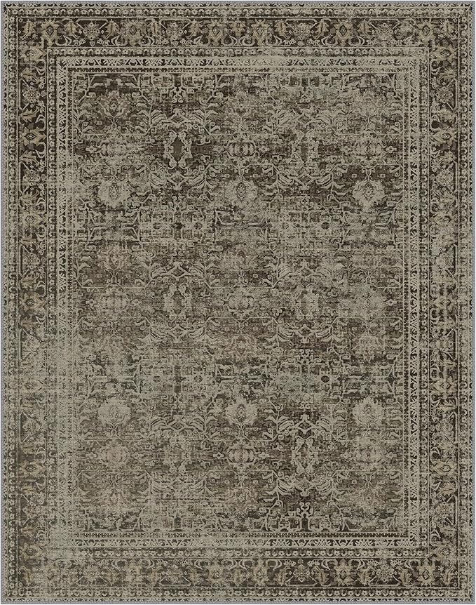 9x12 Area Rug Machine Washable Boho Rug for Living Room,Ultra-Thin Low Pile Carpet,Lightweight Indoor Printed Rug,Non Slip Floral Area Rug for Bedroom, Dining Room, Home Office,Vintage Sage Green