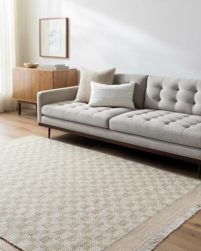 Mark&Day Wool Rugs, 4x6 Clinten Solid and Border Tan Checkered Rug, Tan Ivory Carpet for Living Room, Bedroom or Kitchen (3'6" x 5'6")