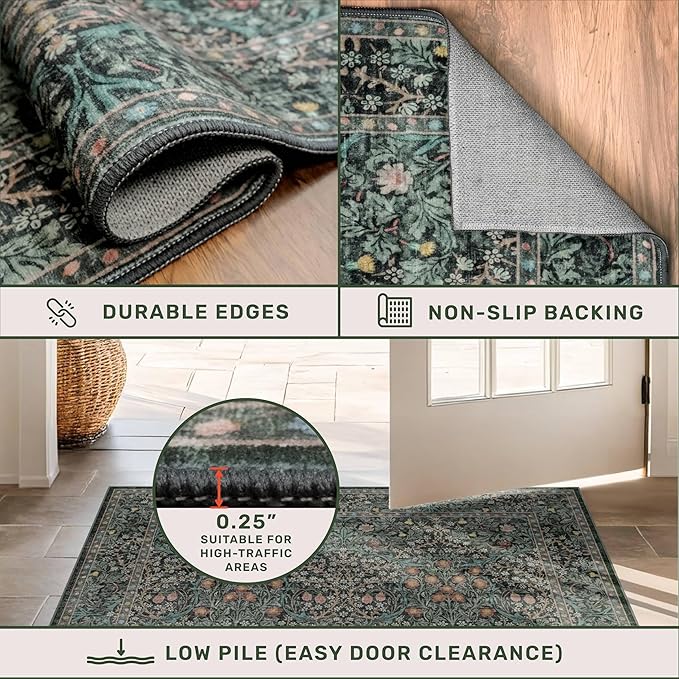 Dining Room Rugs for Under Table - 6x9 Washable Dark Green Oriental Area Rug for Living Room, Low Pile Non-Slip Floor Carpet for Bedroom - Vintage Design & Stain Resistance (6x9 Dark Green)