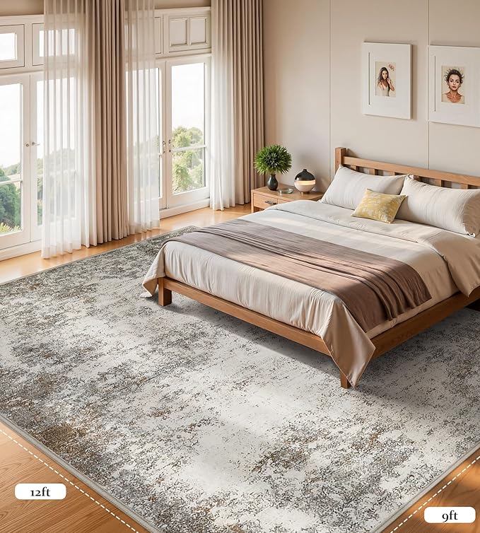 Area Rugs 9x12 Living Room - Modern Abstract Large Rugs for Living Room Non-Slip Low Pile Soft Machine Washable Carpet for Bedroom, Under Dining Table, Nursery, Farmhouse (9'x12' Brown Grey)