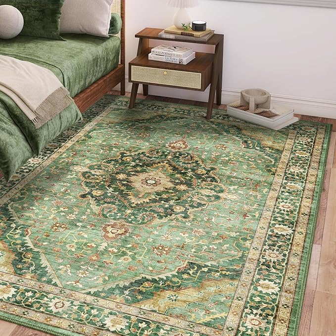 Green Rug 5x8 Area Rugs for Bedroom Washable Rugs Boho Vintage 5x8 Rug for Living Room Carpet Non-Slip Family & Pet Friendly Print Floor Rug(Border Green)