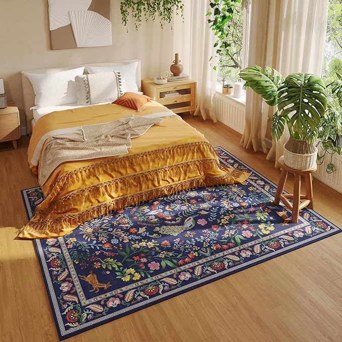 Rugcomf Living Room Rug 6x9 Rug Machine Washable Area Rug Floral Non-Slip Low Pile Large Rug for Living Room, Bedroom, Farmhouse, Dining Room, Kids Playroom(Blue)