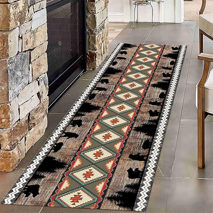 Southwestern Runner Rug, 3.3x10ft, Rustic Lodge Aztec Country Bear Decorative Runner Rug, Vintage Forest Birch Wild Animal Print Entrance Hallway Rug, Soft Non-Slip Carpet for Living Room Bedroom