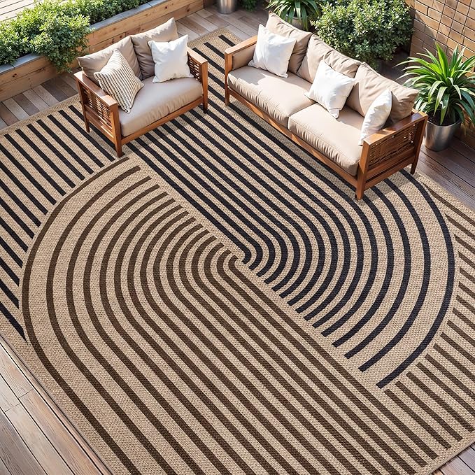 Tangsoo Rainbow Easy Jute Rug 8x10 Washable Rugs for Living Room,Black Non Slip Carpet,Outdoor Patio Area Rug Farmhouse Modern Office Mat for Backyard Dining Room Bedromm