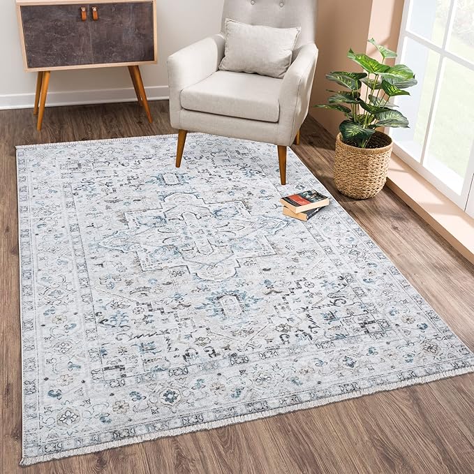 Bloom Rugs Caria Washable Non-Slip 4x6 Rug - Seashell/Teal Blue Traditional Area Rug for Living Room, Bedroom, Dining Room, and Kitchen - Exact Size: 4' x 6'