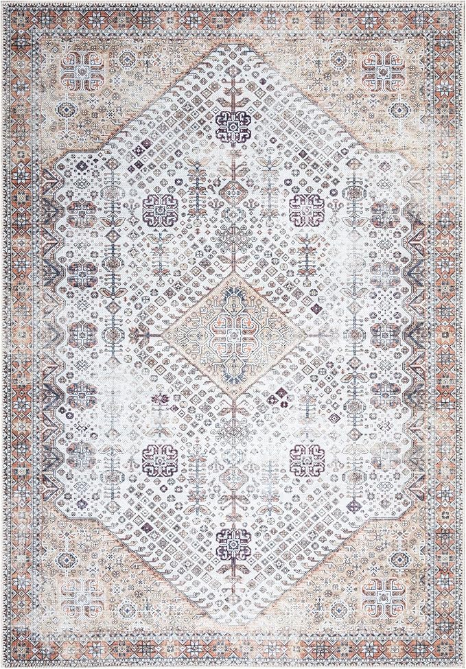 Bloom Rugs Washable Non-Slip 3' x 5' Rug - Sand/Orange/Purple Traditional Medallion Area Rug for Living Room, Bedroom, Dining Room, and Kitchen - Exact Size: 3' x 5'
