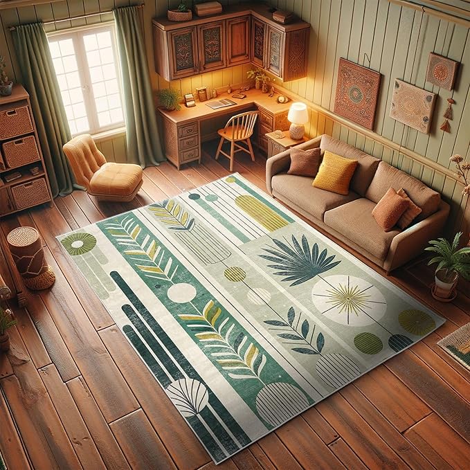 Ambesonne Mid Century Modern Decorative Rug, Abstract Circles Leaves and Stripes in Nature Color Palette, Quality Carpet for Bedroom Dorm and Living Room, 4' X 5' 5", Fawn Teal Pale Green