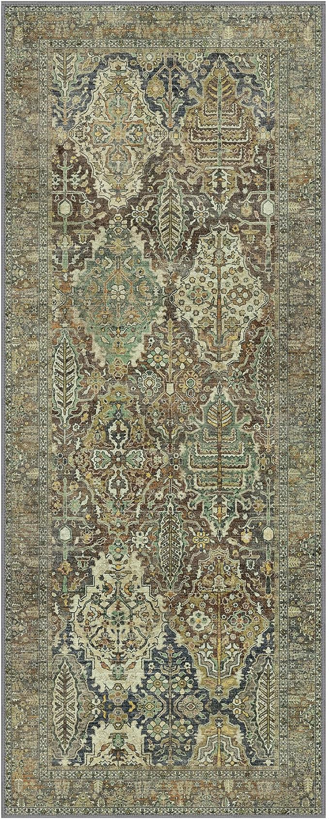 2x7 Runner Rug Machine Washable Boho Runners for Hallway,Ultra-Thin Low Pile Rug,Lightweight Indoor Carpet,Non Slip Floral Runners for Enrtyway, Corridor, Home Office, Kitchen,Sage Green