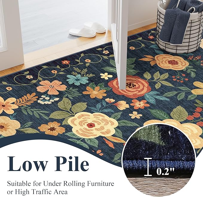 DUKINO 2x3 Rugs for Entryway, Floral Indoor Washable Door Mat, Non Slip Boho Small Rug for Kitchen, Soft Low Pile Front Door Throw Rug for Entrance, Bedroom, Kitchen, Laundry, Bathroom, Dark Blue