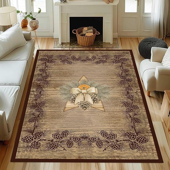 Vintage Pine Cone Area Rug 5x7ft Rustic Lodge Wooded Pine Cone Area Rug Wood Grain Star Leaf Distressed Indoor Non-Slip Washable Carpet for Dormitory Study Room Fireplace Office