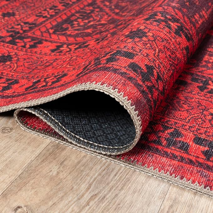 Bloom Rugs Washable Non-Slip 6' x 9' Rug - Red Traditional Bordered Area Rug for Living Room, Bedroom, Dining Room, and Kitchen - Exact Size: 6' x 9'