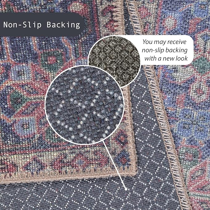 GLN Rugs Traditional Collection - Machine Washable Area Rug, Traditional Washable, Non Slip, Low Pile Chenille Rug, Living Room, Bedroom, Kitchen Rug (2'6" x 7' Multi Blue)