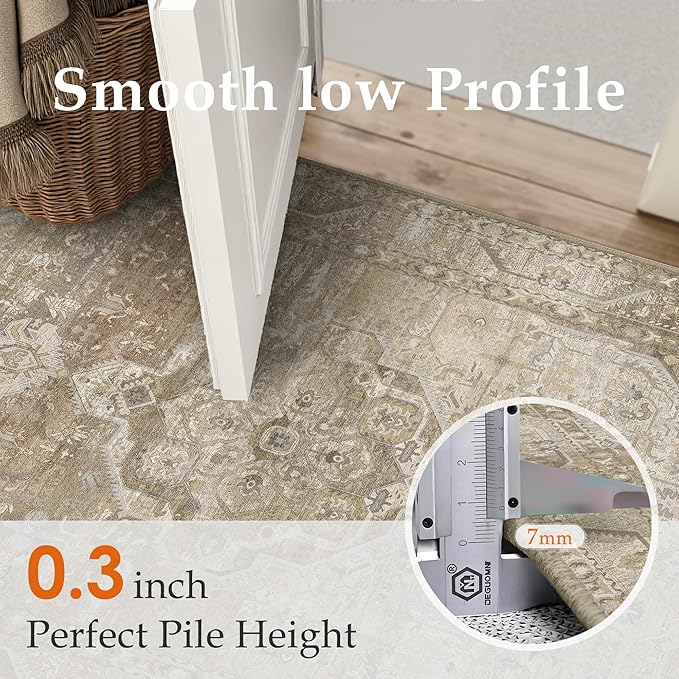 2x3 Washable Vintage Area Rug for Living Room Bedroom Non Slip Distressed Traditional Beige Brown Soft Thin Throw Rug Low Pile Lightweight Floral Doormat Entryway Indoor Kitchen Laundry Room