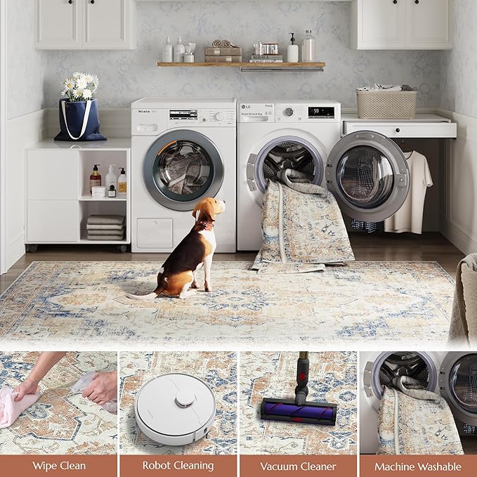 jinchan Kelda Runner Rug 2x8 Hallway Rug Washable Runner Vintage Mat Retro Print Lightweight Non-Slip Floor Cover Distressed Thin Carpet for Entryway Bathroom Bedroom Laundry Room Stairway Orange