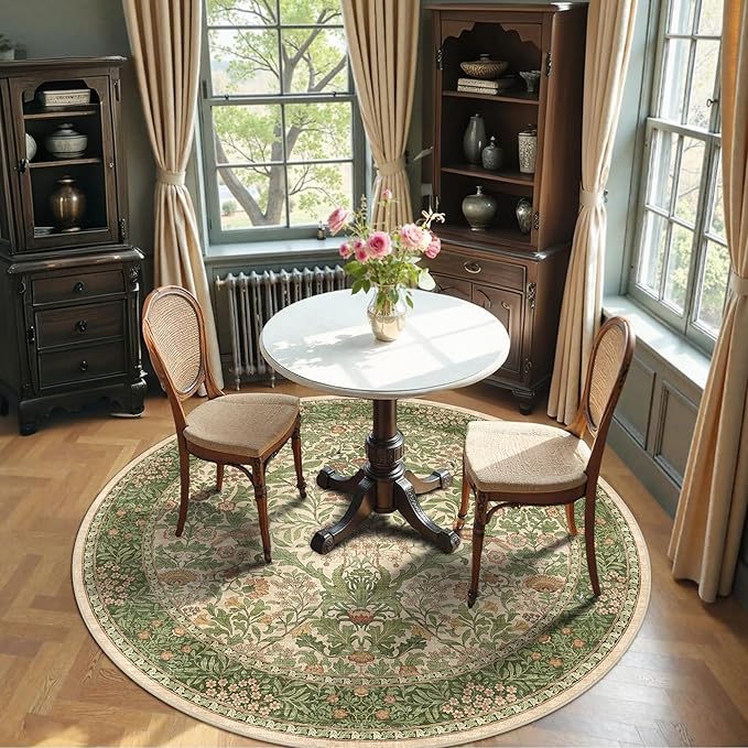 4ft Round Area Rugs for Living Room, Washable Floral Circle Rug Non Slip Low Pile, Vintage Boho Botanical Birds Throw Carpet for Farmhouse, Bedroom, Dining Room, Retro Pink/Green