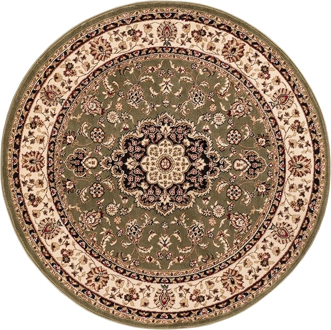 Well Woven Barclay Collection Medallion Kashan Green 8 ft Round Rug - for Living Room, Bedroom, and Dining Room