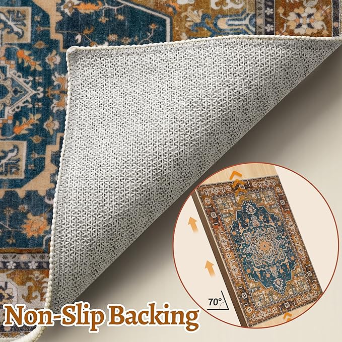 Tangsoo 2x6 Washable Runner Rug for Hallways, Non Slip Vintage Runner Rugs, Soft Low Pile Long Rug Runner, Print Distressed for Kitchen Bedroom Entryway Bathroom Living Room Indigo Ochre