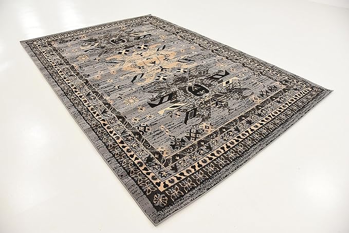 Unique Loom Taftan Collection Border Geometric Tribal Inspired Design Area Rug (6' 0 x 9' 0 Rectangular, Gray/ Black)