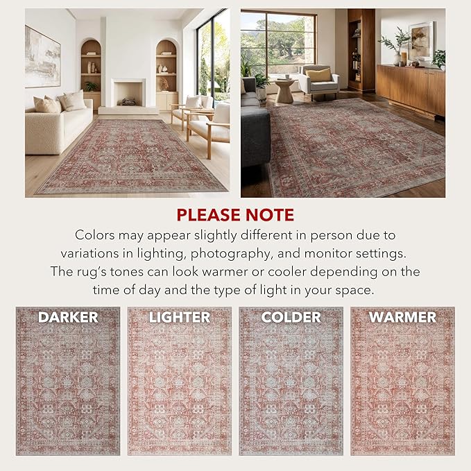 Kuden 6x9 Area Rug, Machine Washable Area Rug with Non-Slip Backing, Vintage Style, Soft, Easy Clean, Low Pile Rug for Living Room, Bedroom, Dining Room