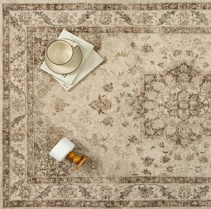Brown Area Rug 2x3 Washable Vintage Small Carpet for Entryway Kitchen Soft Retro Low Pile Thin Door Mat Non Slip Oriental Medallion Throw Rug for Bathroom Office Bedroom Dining Room