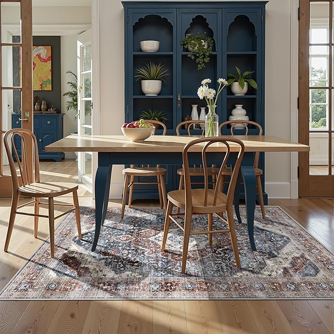 Deerly Boho Area Rug 4x6 Bedroom Rugs Ultra Soft Indoor Washable Rugs for Living Room Bedroom Laundry Room Decor, Low Pile Non-Slip Backing(Border Brown/Navy Blue)