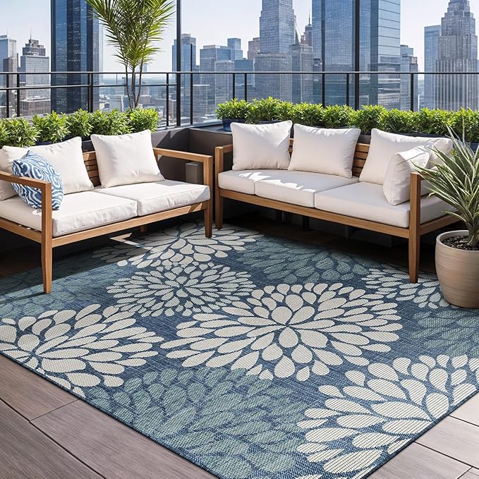 Beverly Rug Outdoor Rug 8x10 Modern Exotic Tropical Leaf Area Rugs for Indoor and Outdoor Patio Deck Porch Garden Water Resistant Washable Outside Carpet (8 x 10 Blue)
