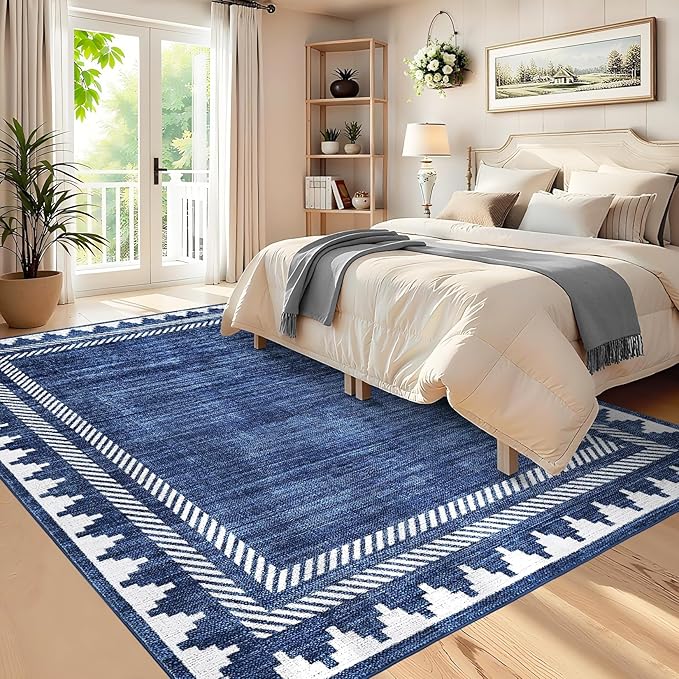 Bordered Printed 10x13 Washable Area Rugs for Living Room Modern Non Slip Foldable Soft Indoor Carpet Geometric Stain Resistant Dining Room Bedroom Large Indoor Rugs, Blue
