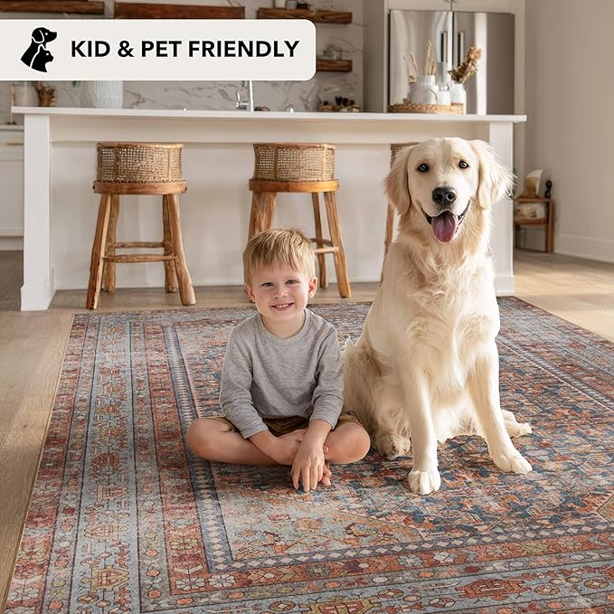 Kuden 2'6"x7' Runner Rug, Machine Washable Area Rug with Non-Slip Backing, Vintage Style, Soft, Easy Clean, Low Pile Rug for Hallway, Entryway, Kitchen, Bedroom