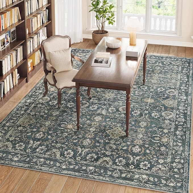 8x10 Washable Rugs for Living Room, Soft Large Rugs Blue Area Rug, Indoor Vintage Carpet for Bedroom Dining Room Office, Rubber Backed Non Slip Low Pile Mat, Deep Blue
