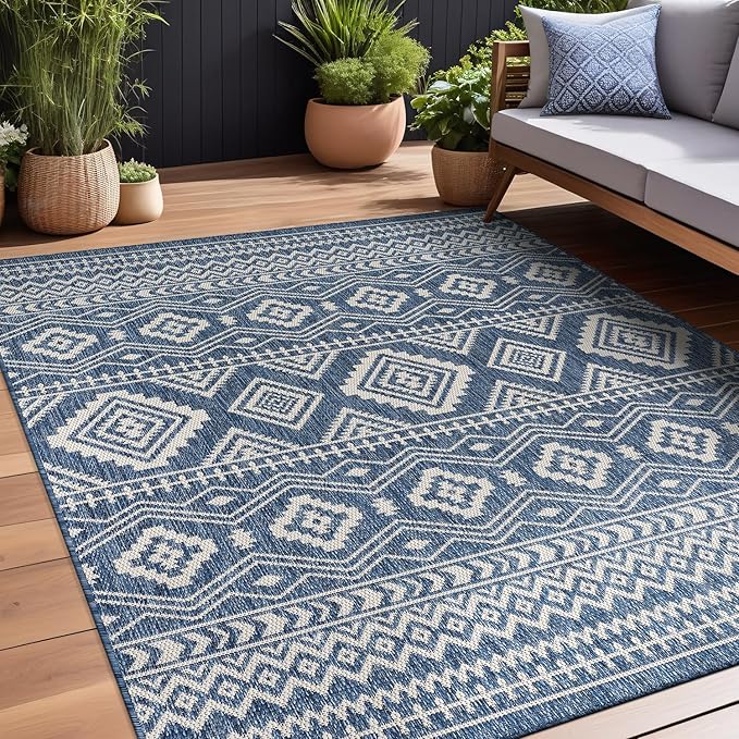 Beverly Rug Waikiki Boho Indoor Outdoor Rug 10x14, Washable Outside Carpet for Patio, Deck, Porch, Bohemian Area Rug, Farmhouse Rugs, Aztec Tribal Rug, Azure and White