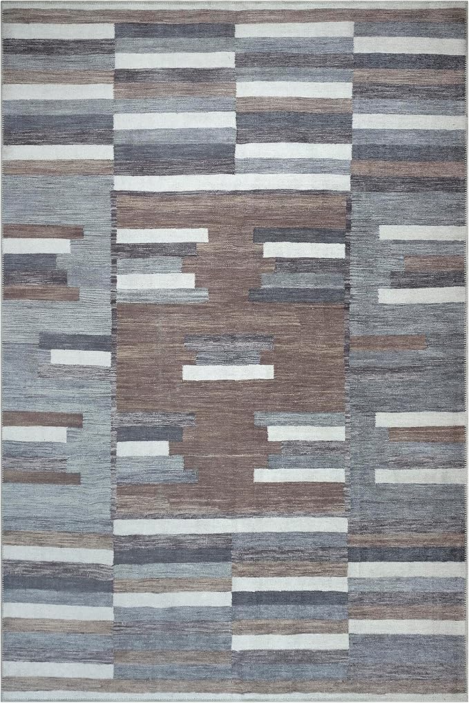 Bloom Rugs Washable Non-Slip 6' x 9' Rug - Blue/Brown Striped Area Rug for Living Room, Bedroom, Dining Room, and Kitchen - Exact Size: 6' x 9'