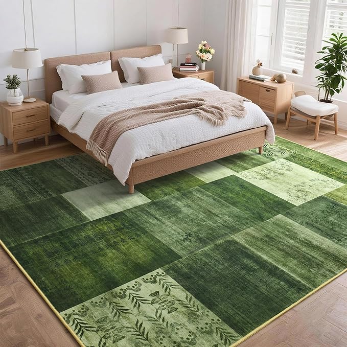 Tepook Modern Area Rug for Living Room, 5x7 Geometric Large Rugs for Bedroom, Washable Patchwork Rug Indoor Non-Slip Throw Carpets for Dining Room Office Farmhouse Home Decor, Green