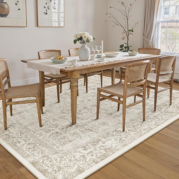 Light Brown Area Rug 5x8 Machine Washable Vintage Living Room Distressed Non Slip Carpet Traditional Indoor Bedroom Retro Floral Accent Throw Large Rug Office Kitchen Bathroom Dining Room