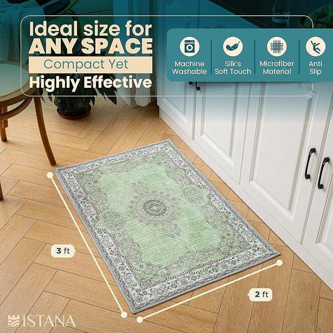 Istana 2x3 Area Rug - Green Boho Rugs for Living Room 2x3 - Foldable Small Rugs for Bedroom - Stain Resistant Washable Rug Non Slip - Eco-Friendly Area Rugs Indoor