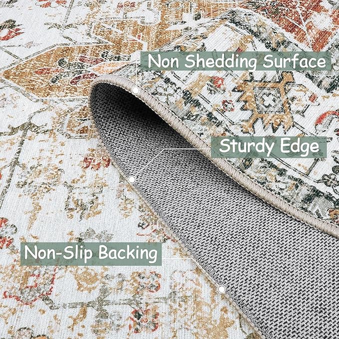 Moynesa Ultra-Thin Washable Runner Rug - 2x6 Bathroom Runner Washable Laundry Room Rug Printed Entryway Carpet Runner, Vintage Pet Friendly Low Pile Runners for Living Bedroom Kitchen, Beige/Gold