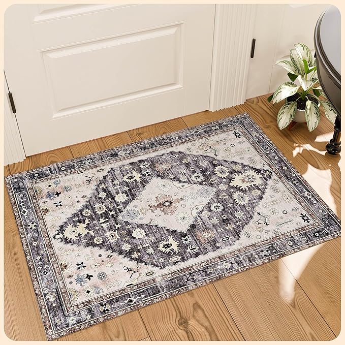 Istana 2x3 Rug - Dark Grey Blue/Rose Mauve Bedroom Rug - Kid & Pet Friendly 2x3 Washable Rug Non Slip - Rubber Backed Rugs - Foldable Eco Friendly Materials for Small Rugs