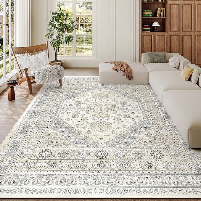 zesthome 3x5 Rug Ultra Soft Washable Rug, Non Slip Area Rug Indoor Entrance, Stain Resistant Rugs for Living Room Bedroom, Vintage Home Decor Area Rugs (Beige,3'x5')