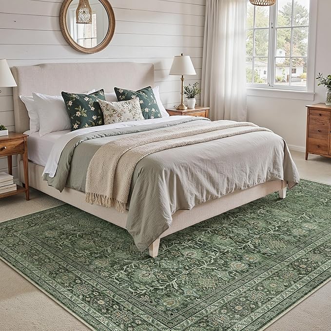 Area Rug 6x9 Green Washable Living Room Carpet Soft Non Slip Vintage Bedroom Indoor Office Traditional Retro Distressed Large Thicker Throw Rug for Dining Room Kitchen Playroom