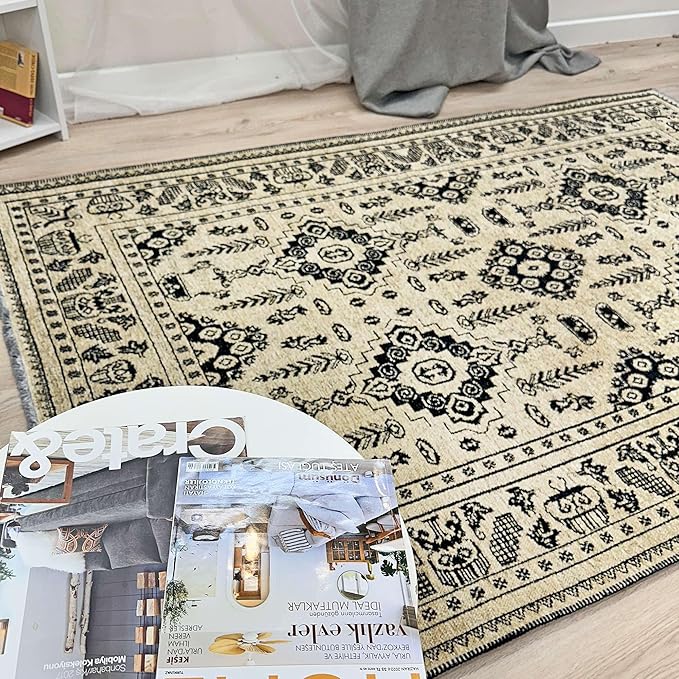 Alfa Rich 3x5 Beige Black Washable Area Rugs for Living Room Bedroom Kitchen Dining Cotton Runner