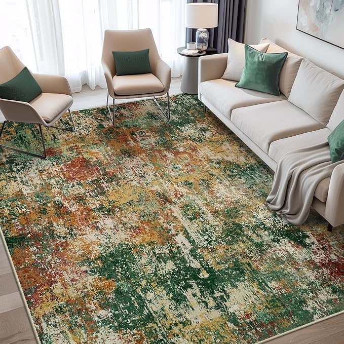 Washable Area Rugs 9'x12' Non-Slip Modern Abstract Soft for Living Room Entryway Bedroom Nursery, Print Pattern, Green Orange Rust Red Cream Colorful