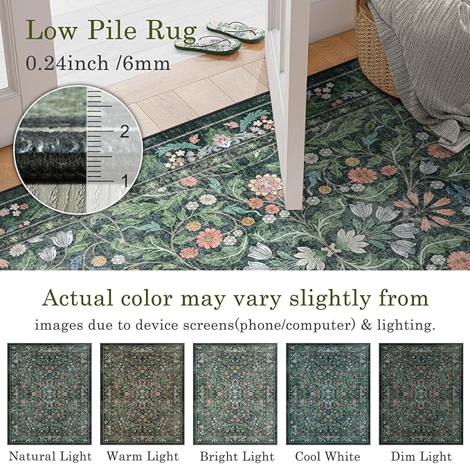 Green Floral 5x7 Area Rugs for Living Room Large Washable Rug Vintage Forest Low Pile Non Slip Stain Resistance Soft Carpet for Dining Room, Bedroom, Office Rug, Kids Room, Nursery Room, Playroom