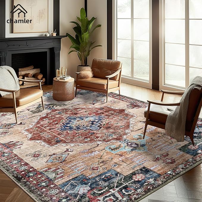 9x12 Washable Area Rug Boho Chic Medallion Distressed Design Non-Shedding Easy Care Ideal for High Traffic Areas in Rugs for Living Room Bedroom Office Coffee Table Large Carpet
