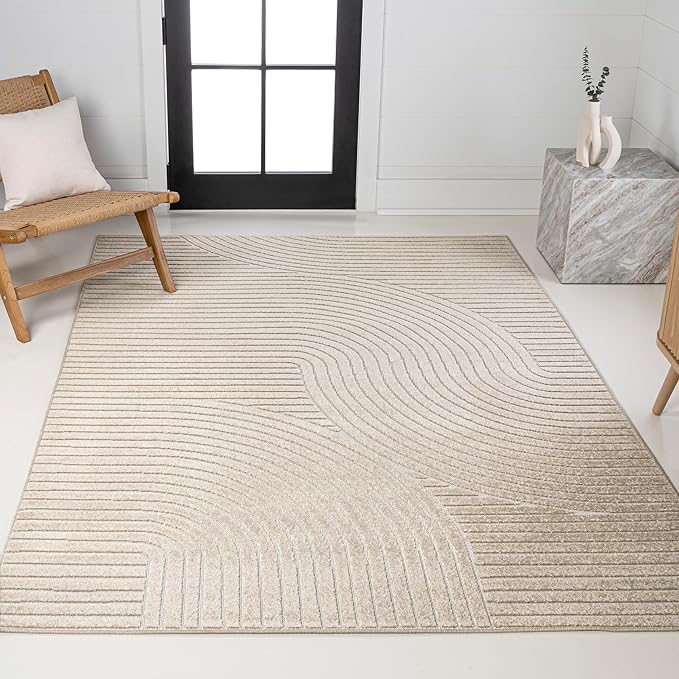 JONATHAN Y Hallie High-Low Curve Beige/Cream 5x8 Indoor/Outdoor Area Rug, Minimalist Geometric, Pet Friendly, for Patio, Backyard, Living Room, Bedroom, Office, Hose-Washable (SCN100D-5)