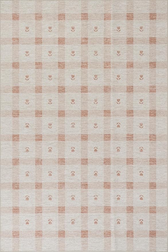 Dash & Albert Zale Peach Machine Washable Rug, 9.5 X 13.5 Feet, Oranges/White Plaid Pattern