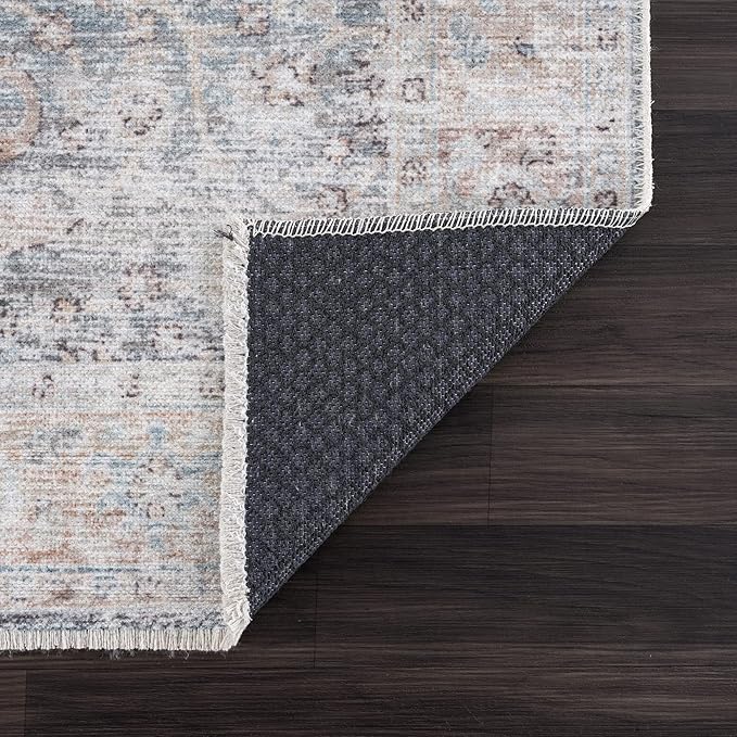 Bloom Rugs Caria Washable Non-Slip 3x5 Rug - Ocean Blue/Brick Traditional Area Rug for Living Room, Bedroom, Dining Room, and Kitchen - Exact Size: 3' x 5'