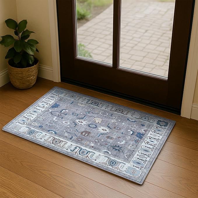 Fame Living Grey Oushak Rug, Modern Small Rugs, Vintage, Turkish, Eclectic, Floral, Pastel, Washable, Door Mat, Doormat for Indoor Entrance, Entryway, Kitchen, Bathroom, Bedroom, Laundry, 2'x3'