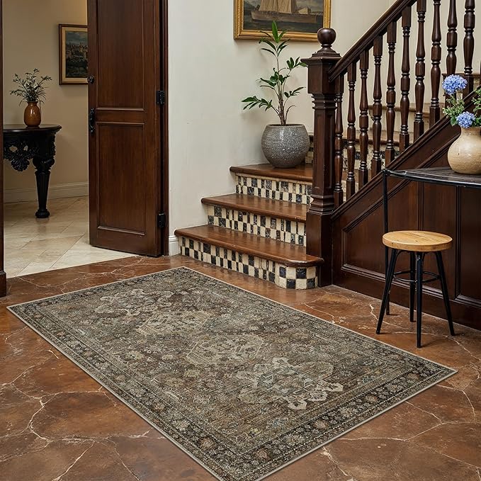 Bavni 3x5 Area Rug for Living Room Bedroom, Washable Boho Print Vintage Aesthetic Rug, Ultra-Thin Low Pile Rugs for Entryway Playroom with Non Slip Backing, Brown