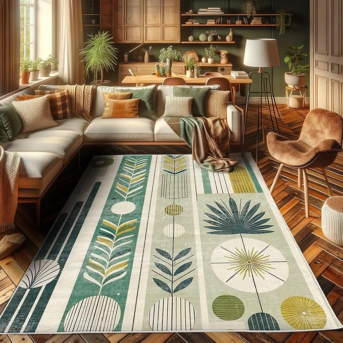 Ambesonne Mid Century Modern Decorative Rug, Abstract Circles Leaves and Stripes in Nature Color Palette, Quality Carpet for Bedroom Dorm and Living Room, 4' X 5' 5", Fawn Teal Pale Green