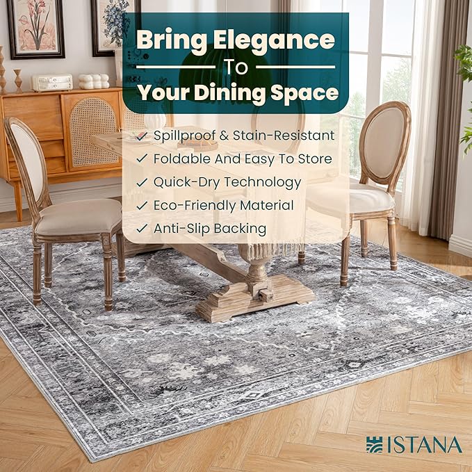 Istana 8x10 Area Rug - Grey 8x10 Rugs for Living Room - Foldable Rugs for Bedroom - Stain Resistant Washable Rug - Eco-Friendly Area Rugs - Easy to Clean Living Room Rug