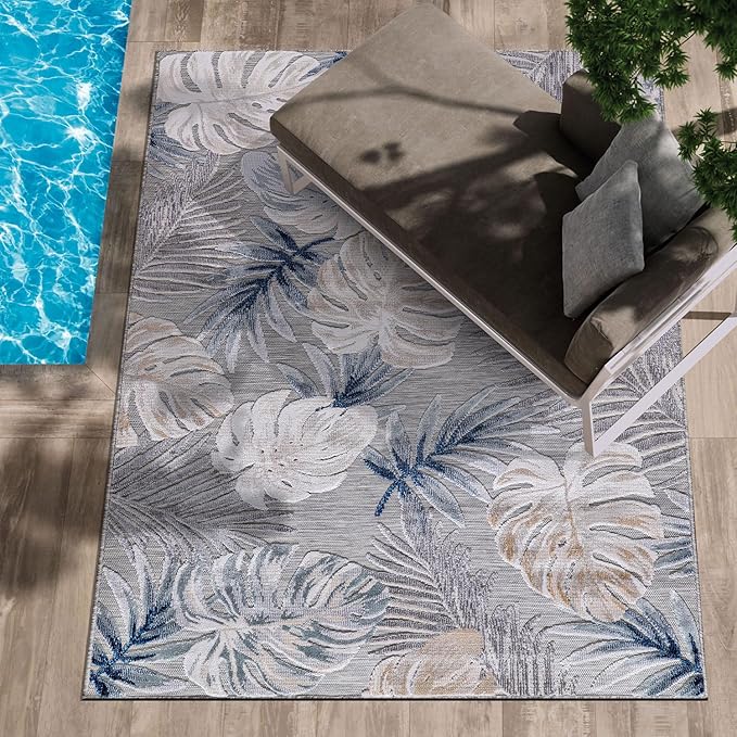 CAMILSON Indoor Outdoor Rug, Blue 6’x9’ Leaf Tropical Botanical Area Rugs for Indoor and Outdoor patios, Easy-Cleaning Non-Shedding Living Room, Garden and Kitchen Washable Outside Carpet (6x9)